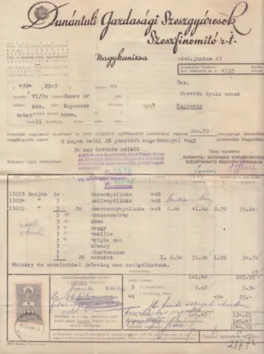 Dunántúli Gazdasági Szeszgyárosok - Számla 1942. júniusából Biztonságos fizetés