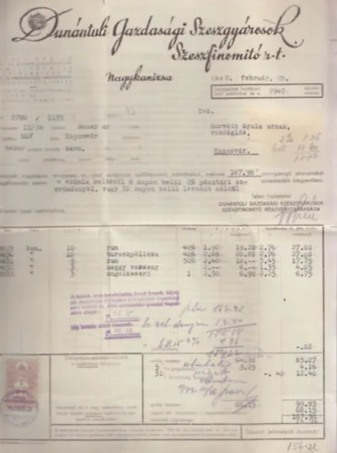 Dunántúli Gazdasági Szeszgyárosok - Számla 1942. februárjából Legjobb ár