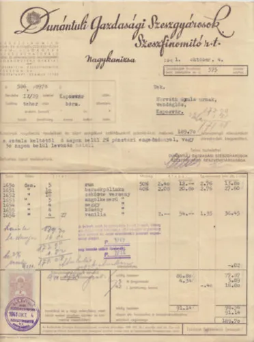 Dunántúli Gazdasági Szeszgyárosok - Számla 1941. októberéből Expressz szállítás