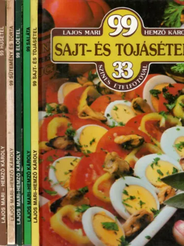 Vedd meg most 5 db szakácskönyv a 99 étel 33 színes fotóval sorozatból: 99 sajt- és tojásétel + 99 saláta + 99 előétel + 99 sütemény és torta + 99 húsétel
