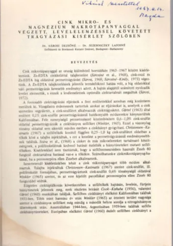 Újdonság Cink Mikro- és magnézium makrotápanyaggal végzett, levélelemzéssel követett trágyázási kisérlet szőlőben - Különlenyomat - dedikált