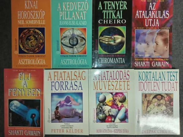 Alacsony ár (8db) Ezoterikus könyvcsomag: Kínai horoszkóp - a patkány éve / A kedvező pillanat / A tenyér titkai / Az átalakulás útja / Élj a fényben / A fiatalság forrása / A fiatalodás művészete / Korlátlan test időtlen tudat