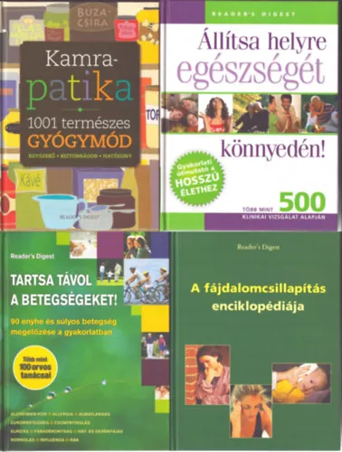 4 db Reader's Digest egészséges életmód kötet: Kamprapatika (1001 természetes gyógymód) - Állítsa helyre egészségét könnyedén - Tartsa távol a betegségeket! - A fájdalomcsillapítás enciklopédiája Legnépszerűbb