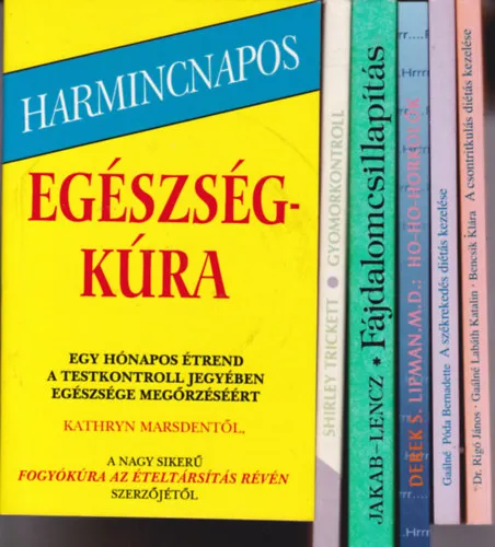 Gyors kiszállítás 6 db könyv "egészség - orvosi" témában:Harmincnapos egészségkúra + A csontritkulás diétás kezelése + A székrekedés diétás kezelése + Ho-ho-horkolók. Hogyan szabaduljunk meg a horkolástól? + Fájdalomcsillapítás + Gyomorkontroll