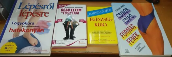 Biztonságos fizetés 15 db fogyókúrás kiadvány: Lépésről lépésre: Fogyókúra kényelmesen és hatékonyan + A karcsúság receptjei + Csinos csípő, formás fenék + Pocak volt-pocak nincs + Az új Atkins-diéta-könnyedén + Nagy fogyikönyv + Dőzsölő dié