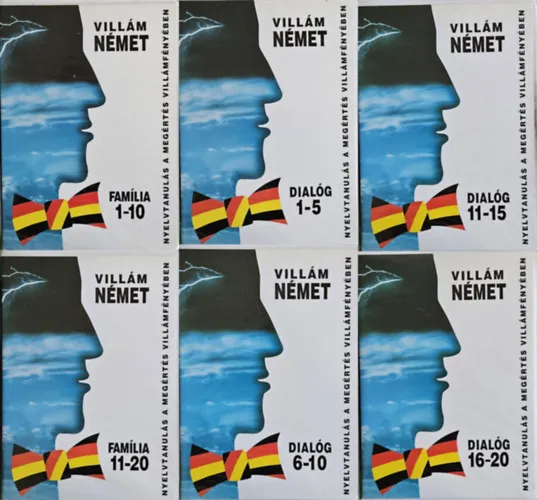 Vedd meg online 6 db Villám német nyelvtanuló szett kezdőknek: Villám Német Dialóg: 1-5 + 6-10 + 11-15 + 16-20 + Villám Német Familia: 1-10 + 11-20